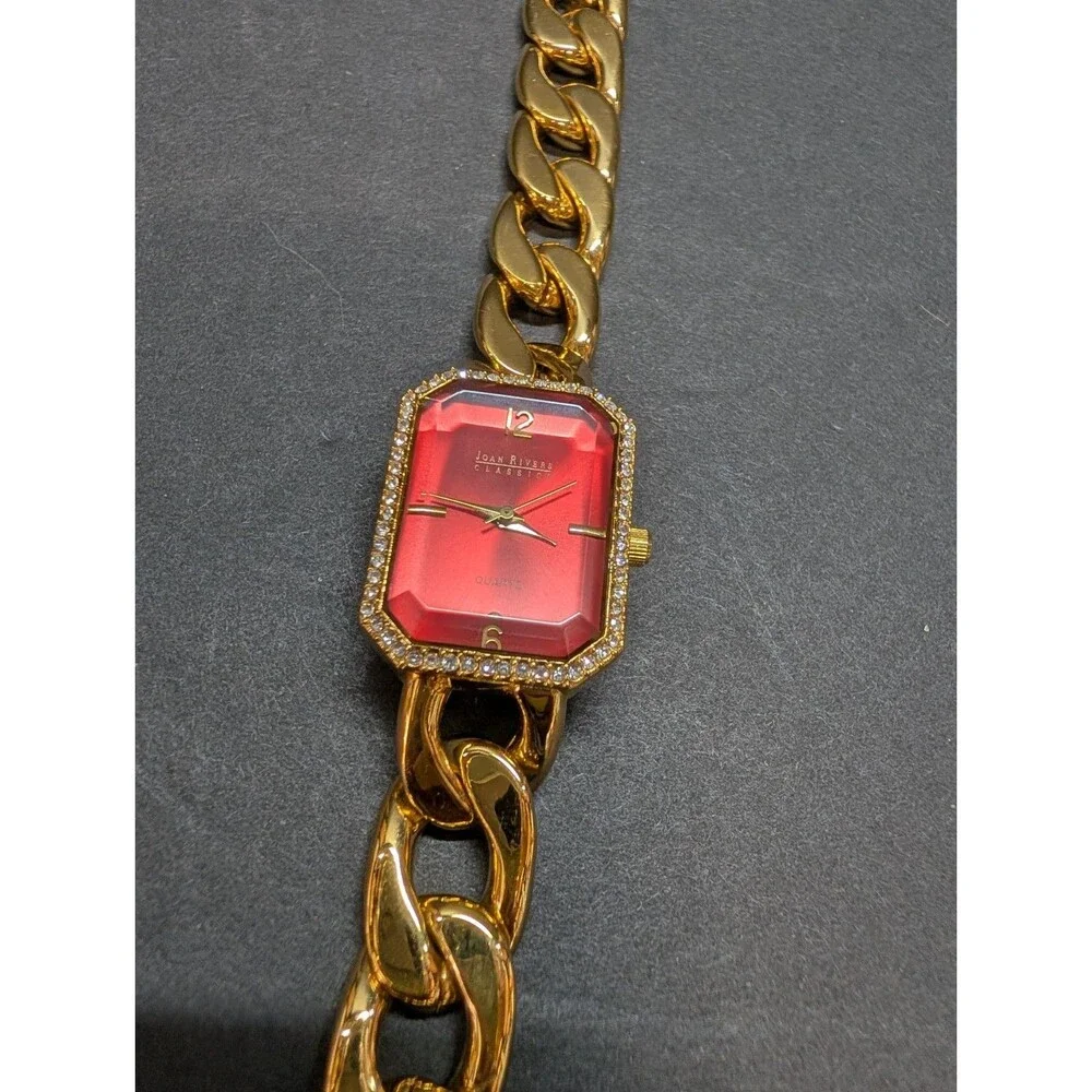 Joan Rivers Classic Watch Gold Tone Chain Woven Band Red Face Untested